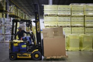A worker operates a forklift to carry boxes through the warehouse of the Black & Decker Inc. DeWalt brand production plant in Charlotte, North Carolina, U.S., on Wednesday, Aug. 9, 2017. The U.S. Census Bureau is scheduled to release durable goods figures on August 25.